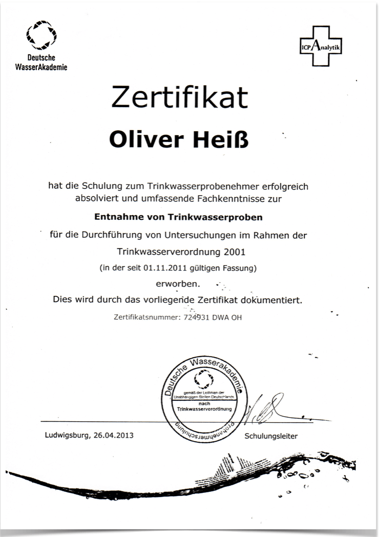 Zertifikat Oliver Heiß Trinkwasser Probenahme DWA OH 724931