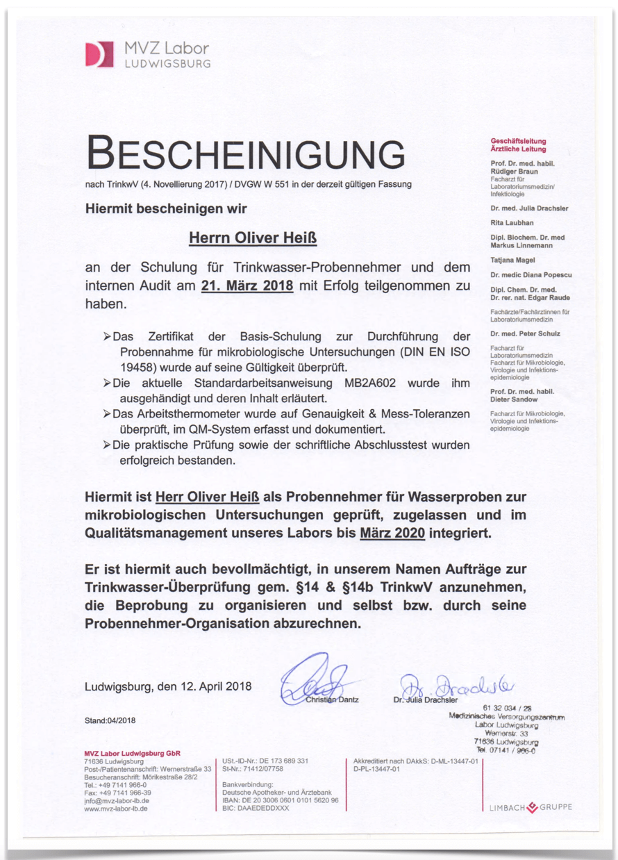 Zertifikat Oliver Heiß Bescheinigung QS Management Neuerungen TrinkV 2018