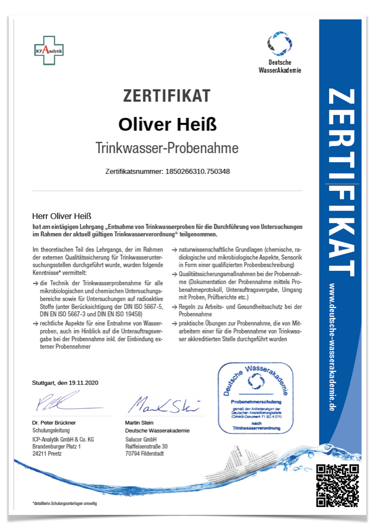 Zertifikat Oliver Heiß Erweiterung Trinkwasser Probenahme 1850266310.750348